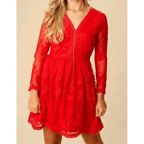 Altar'd State Lavesta Dress M Red Floral Lace Romantic Whimsical Embroidered A35 - Picture 1 of 12